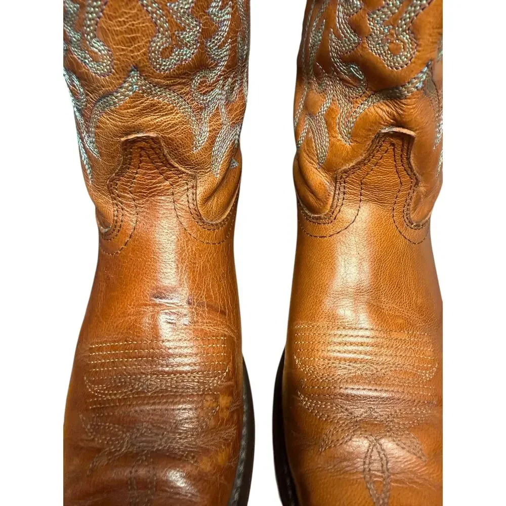 LAREDO Women's 8M Brown Leather Cowboy Pointed ToeBoots Turquoise Stitch Western